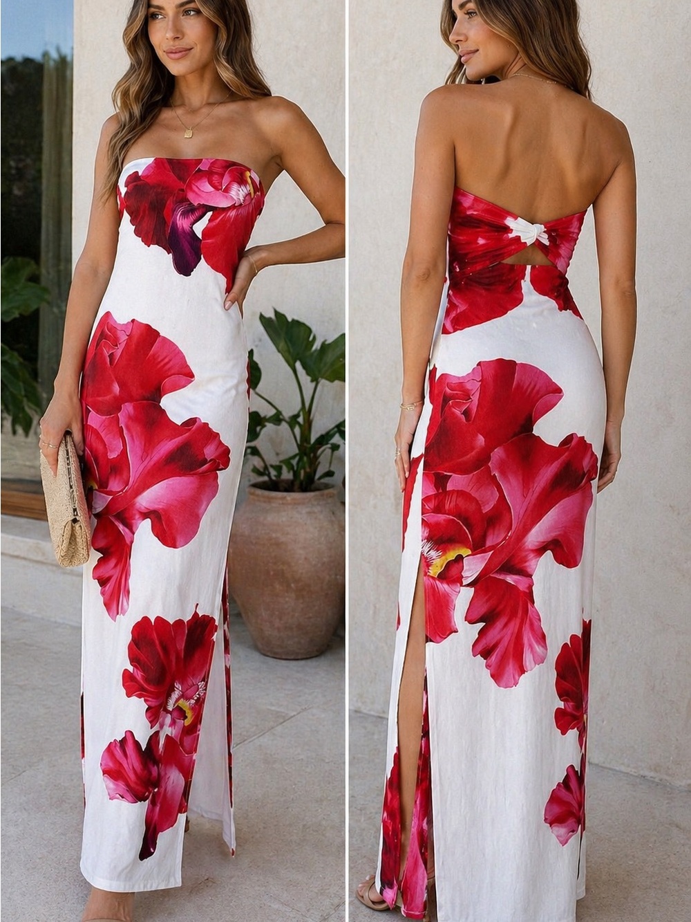 Strapless Floral Maxi Dress Red White Cutout Back 2 Slits M